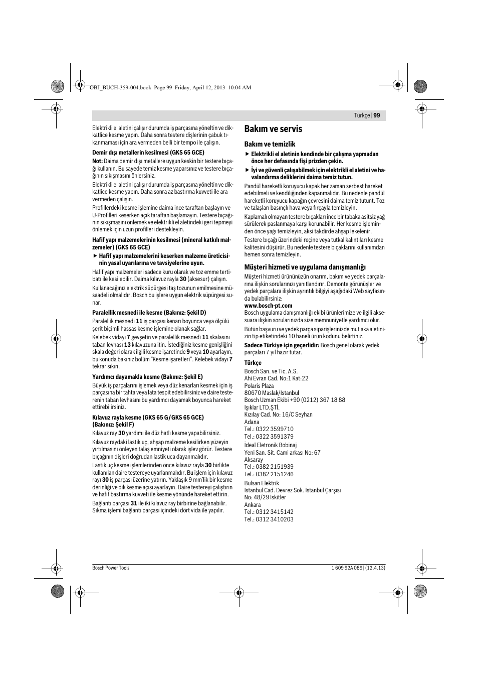 Bakım ve servis | Bosch GKS 65 G Professional User Manual | Page 99 / 235