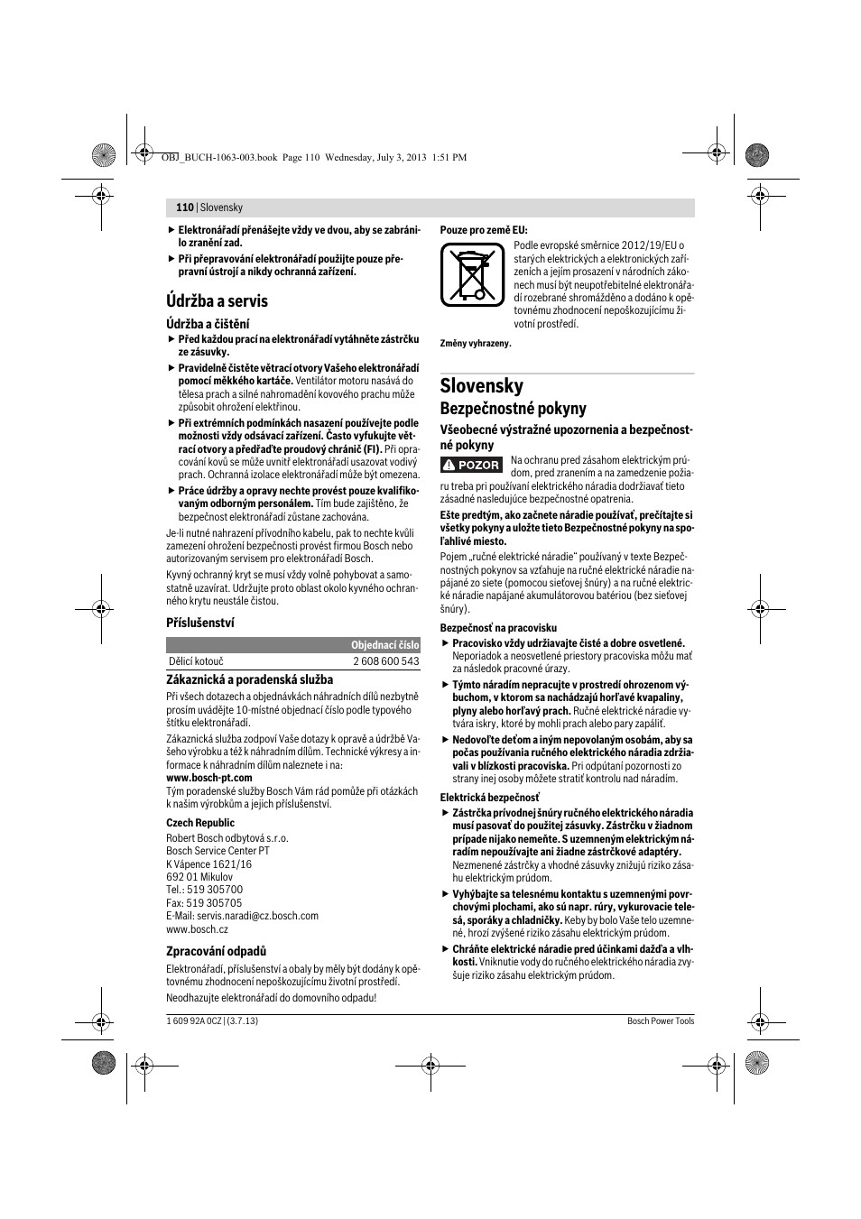 Slovensky, Údržba a servis, Bezpečnostné pokyny | Bosch GCO 2000 Professional User Manual | Page 110 / 223