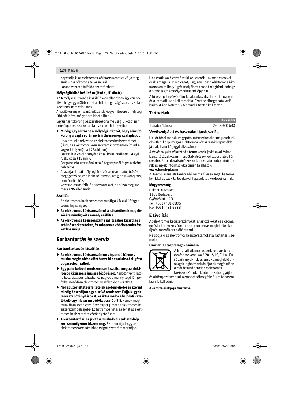 Karbantartás és szerviz | Bosch GCO 2000 Professional User Manual | Page 124 / 223
