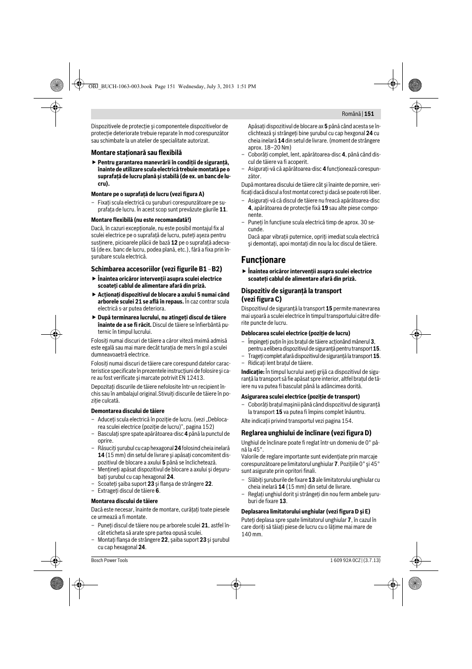 Funcţionare | Bosch GCO 2000 Professional User Manual | Page 151 / 223