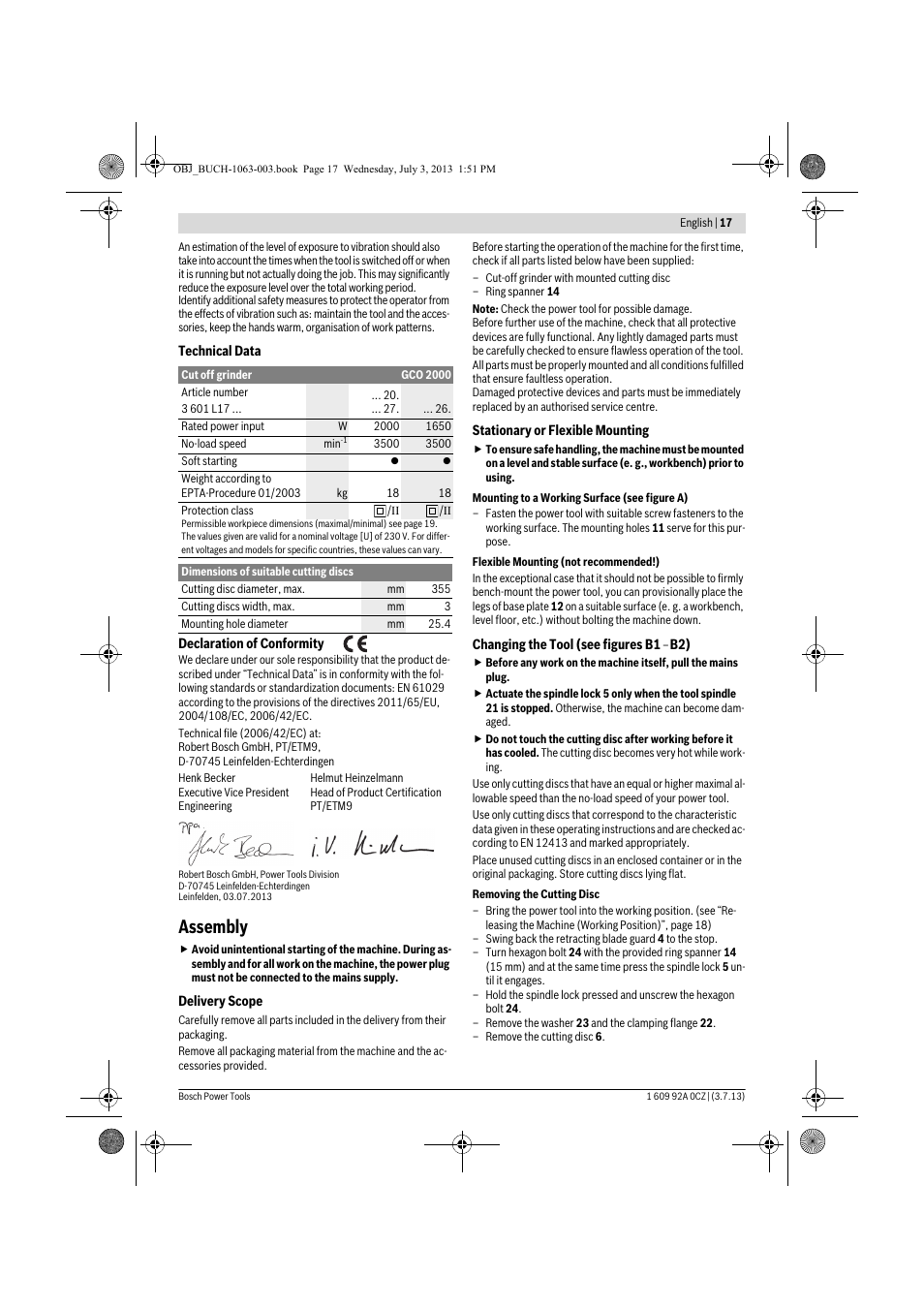Assembly | Bosch GCO 2000 Professional User Manual | Page 17 / 223