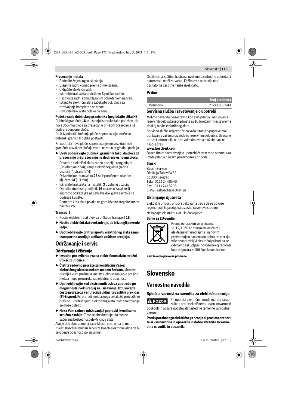 Slovensko, Održavanje i servis, Varnostna navodila | Bosch GCO 2000 Professional User Manual | Page 175 / 223