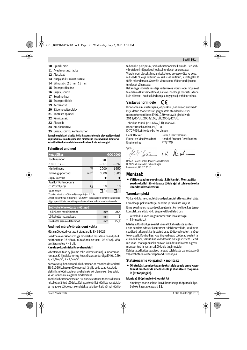 Montaaž | Bosch GCO 2000 Professional User Manual | Page 191 / 223