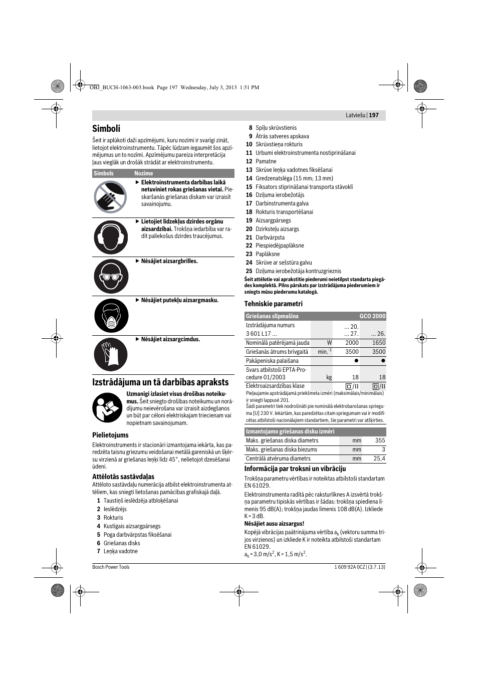 Simboli, Izstrādājuma un tā darbības apraksts | Bosch GCO 2000 Professional User Manual | Page 197 / 223