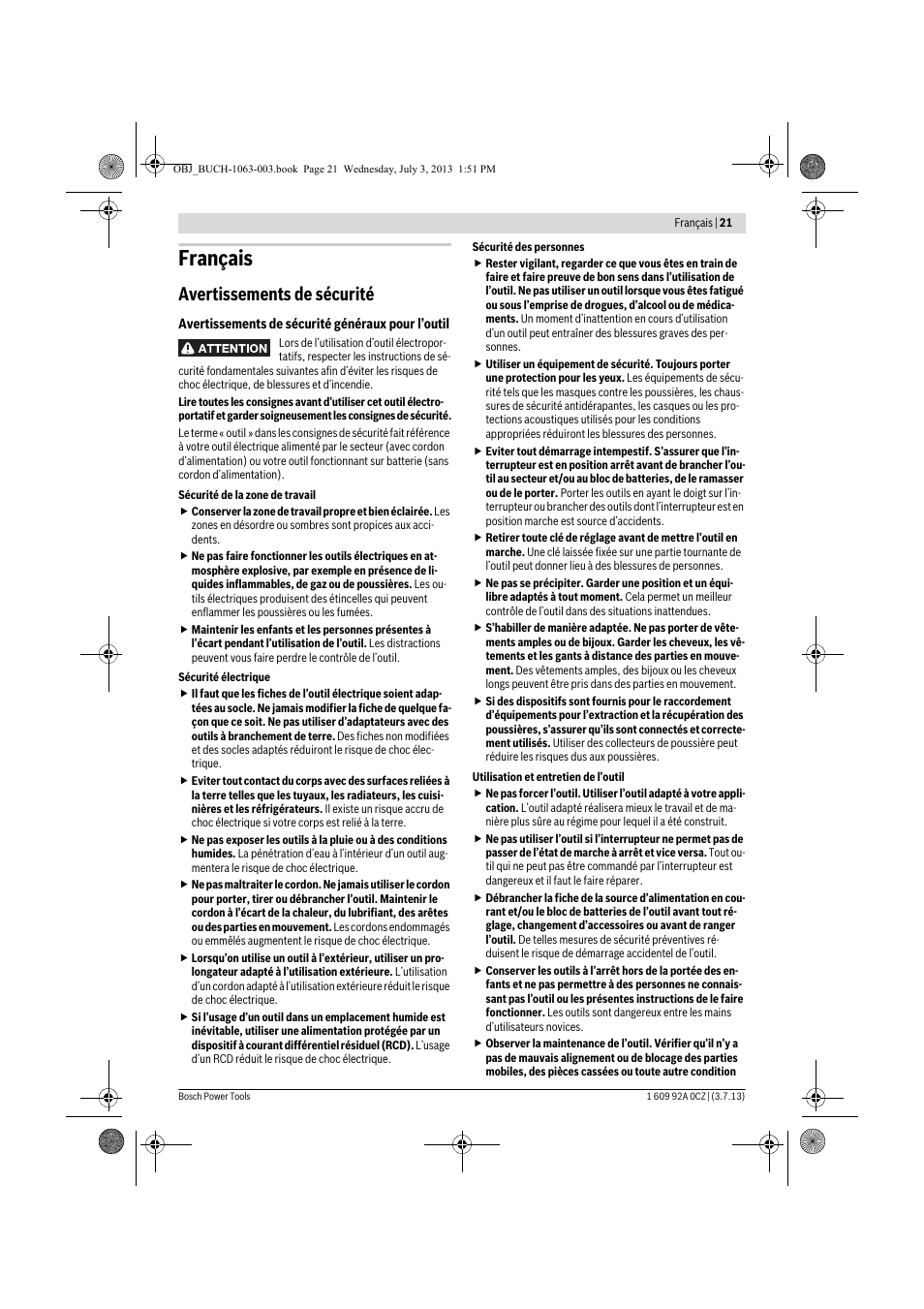 Français, Avertissements de sécurité | Bosch GCO 2000 Professional User Manual | Page 21 / 223