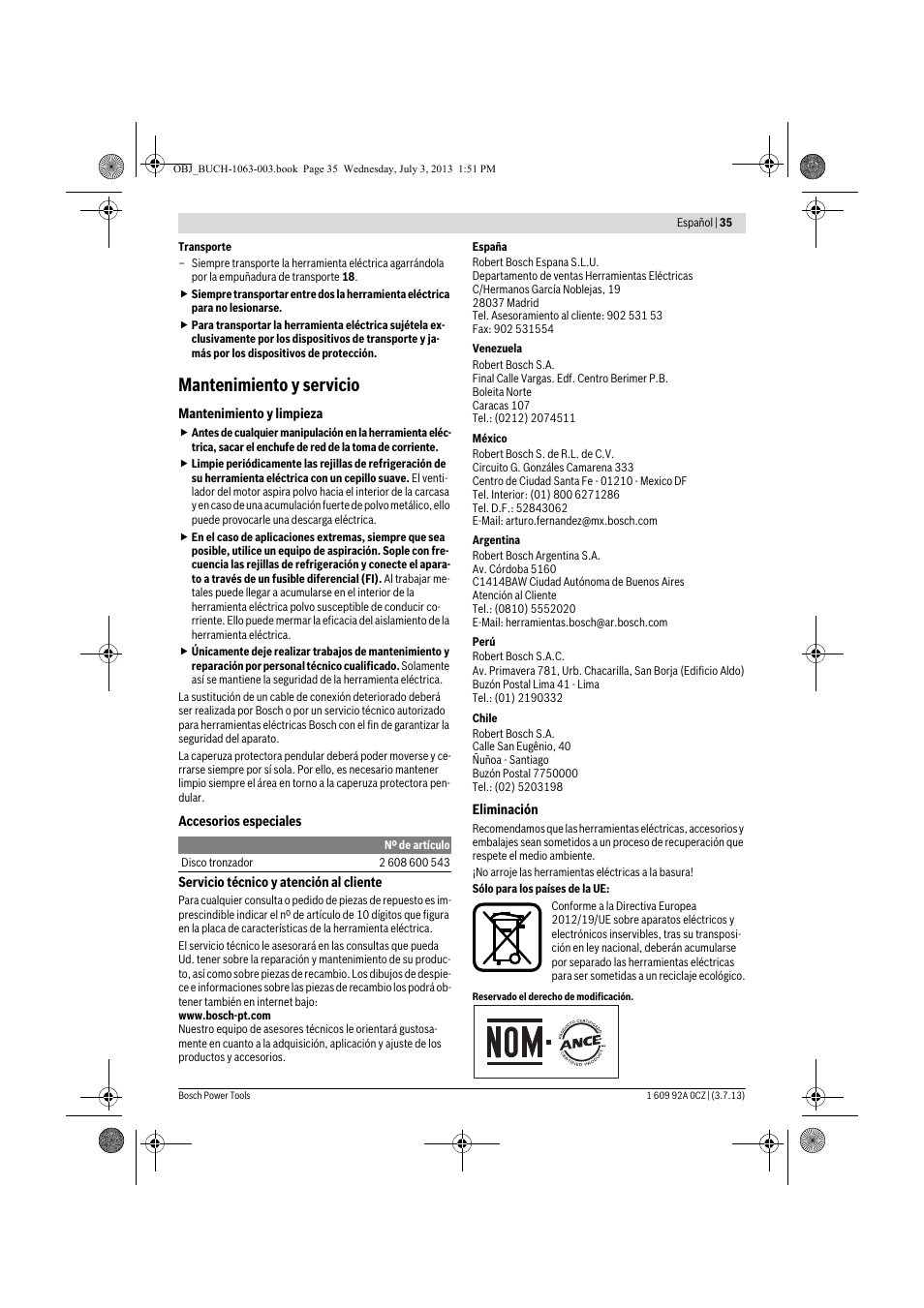 Mantenimiento y servicio | Bosch GCO 2000 Professional User Manual | Page 35 / 223