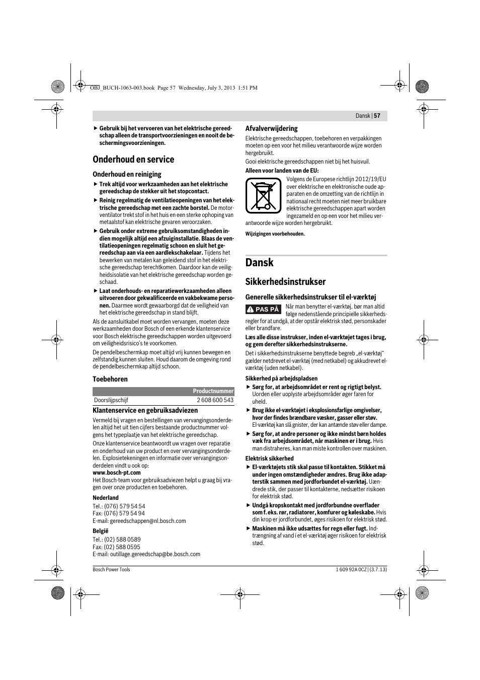 Dansk, Onderhoud en service, Sikkerhedsinstrukser | Bosch GCO 2000 Professional User Manual | Page 57 / 223