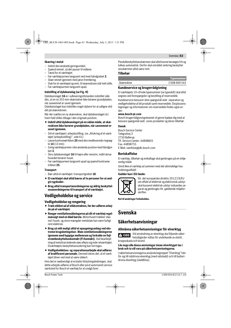 Svenska, Vedligeholdelse og service, Säkerhetsanvisningar | Bosch GCO 2000 Professional User Manual | Page 63 / 223