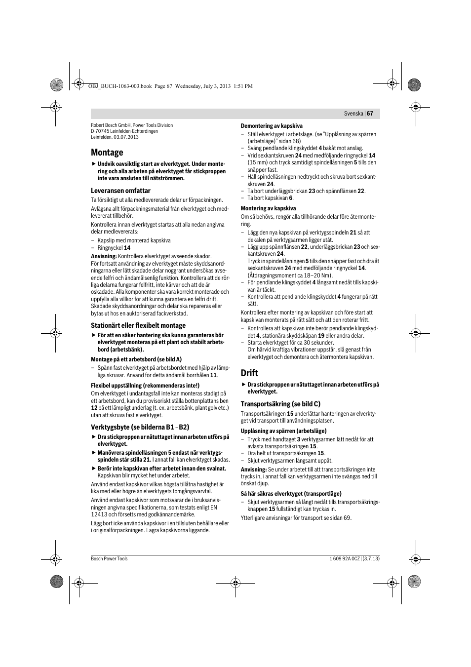 Montage, Drift | Bosch GCO 2000 Professional User Manual | Page 67 / 223
