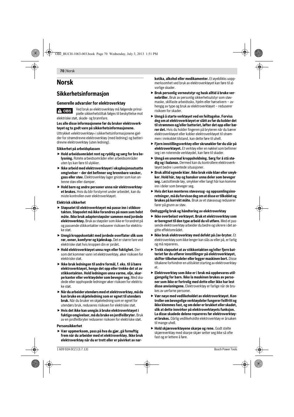 Norsk, Sikkerhetsinformasjon | Bosch GCO 2000 Professional User Manual | Page 70 / 223