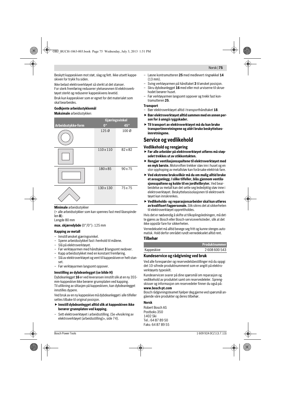 Service og vedlikehold | Bosch GCO 2000 Professional User Manual | Page 75 / 223