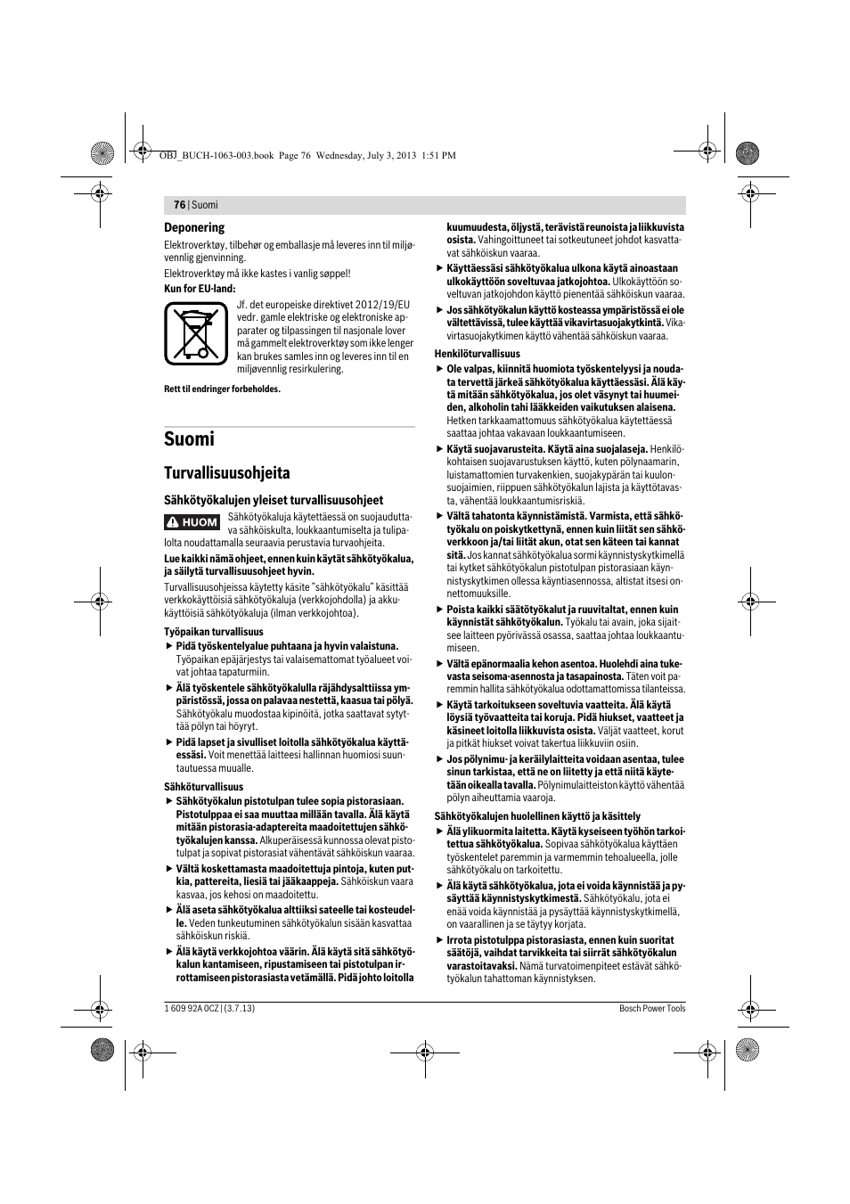 Suomi, Turvallisuusohjeita | Bosch GCO 2000 Professional User Manual | Page 76 / 223