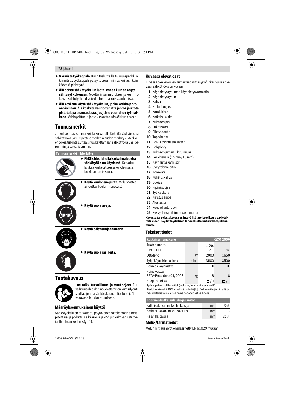 Tunnusmerkit, Tuotekuvaus | Bosch GCO 2000 Professional User Manual | Page 78 / 223