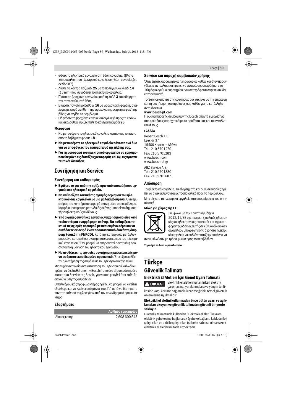 Türkçe, Συντήρηση και service, Güvenlik talimatı | Bosch GCO 2000 Professional User Manual | Page 89 / 223