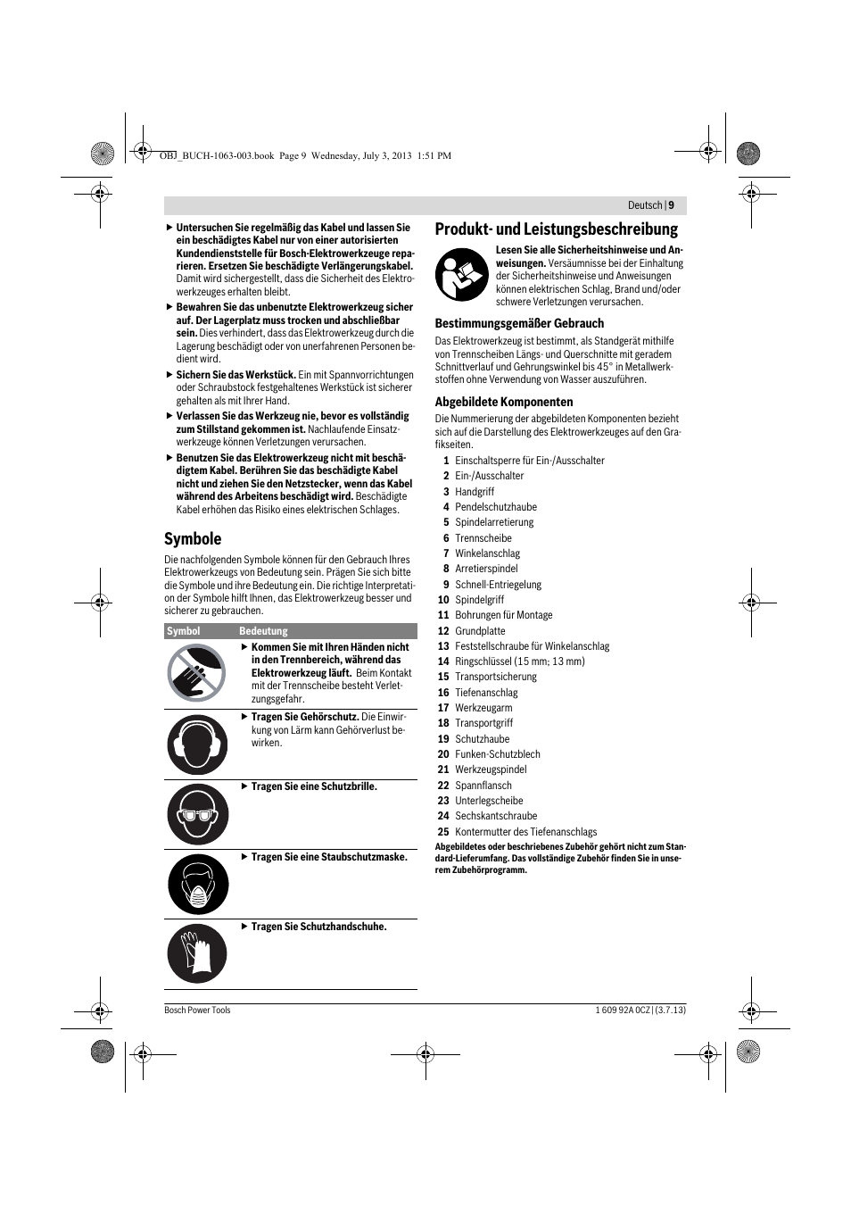 Symbole, Produkt- und leistungsbeschreibung | Bosch GCO 2000 Professional User Manual | Page 9 / 223