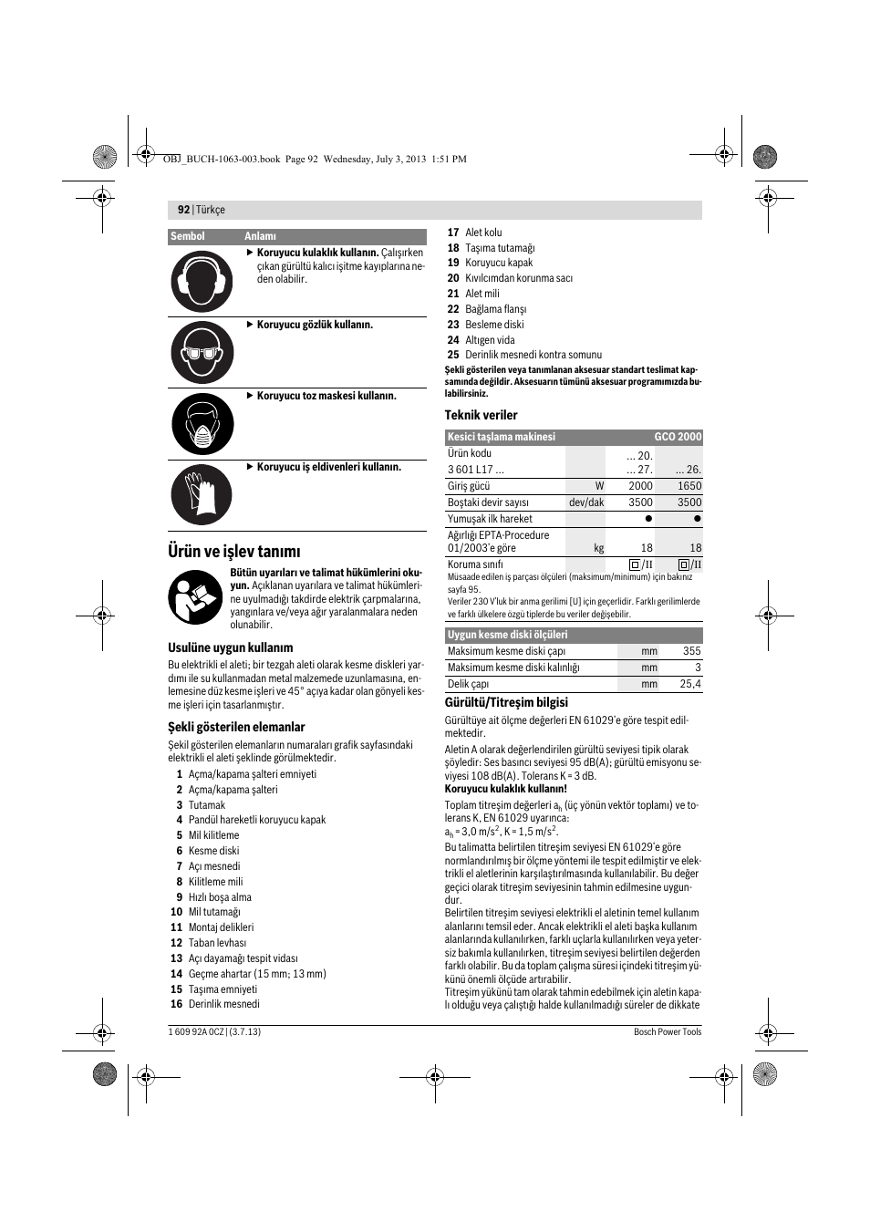 Ürün ve işlev tanımı | Bosch GCO 2000 Professional User Manual | Page 92 / 223