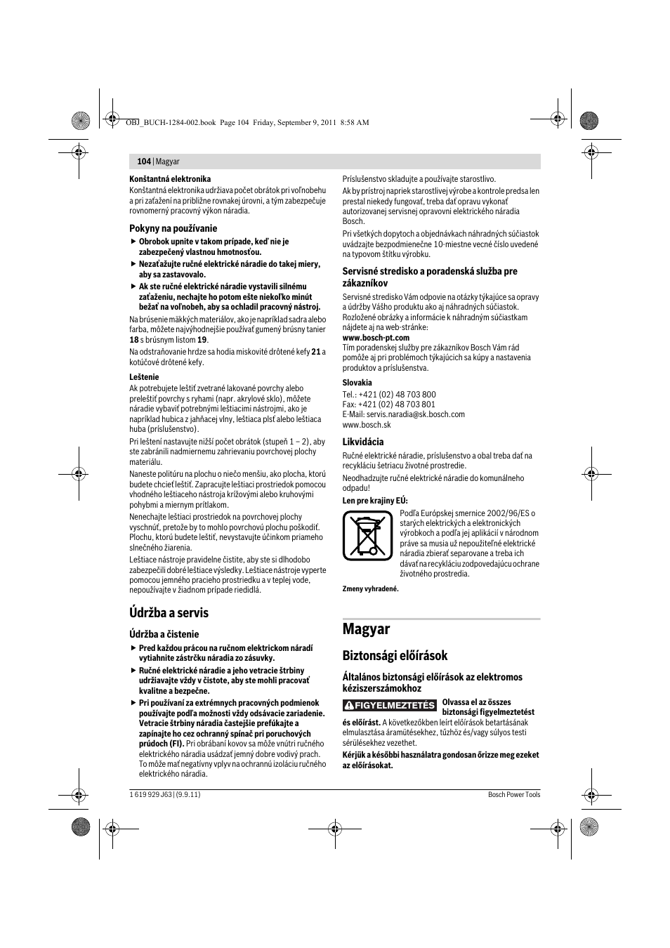 Magyar, Údržba a servis, Biztonsági előírások | Bosch GPO 14 CE Professional User Manual | Page 103 / 186