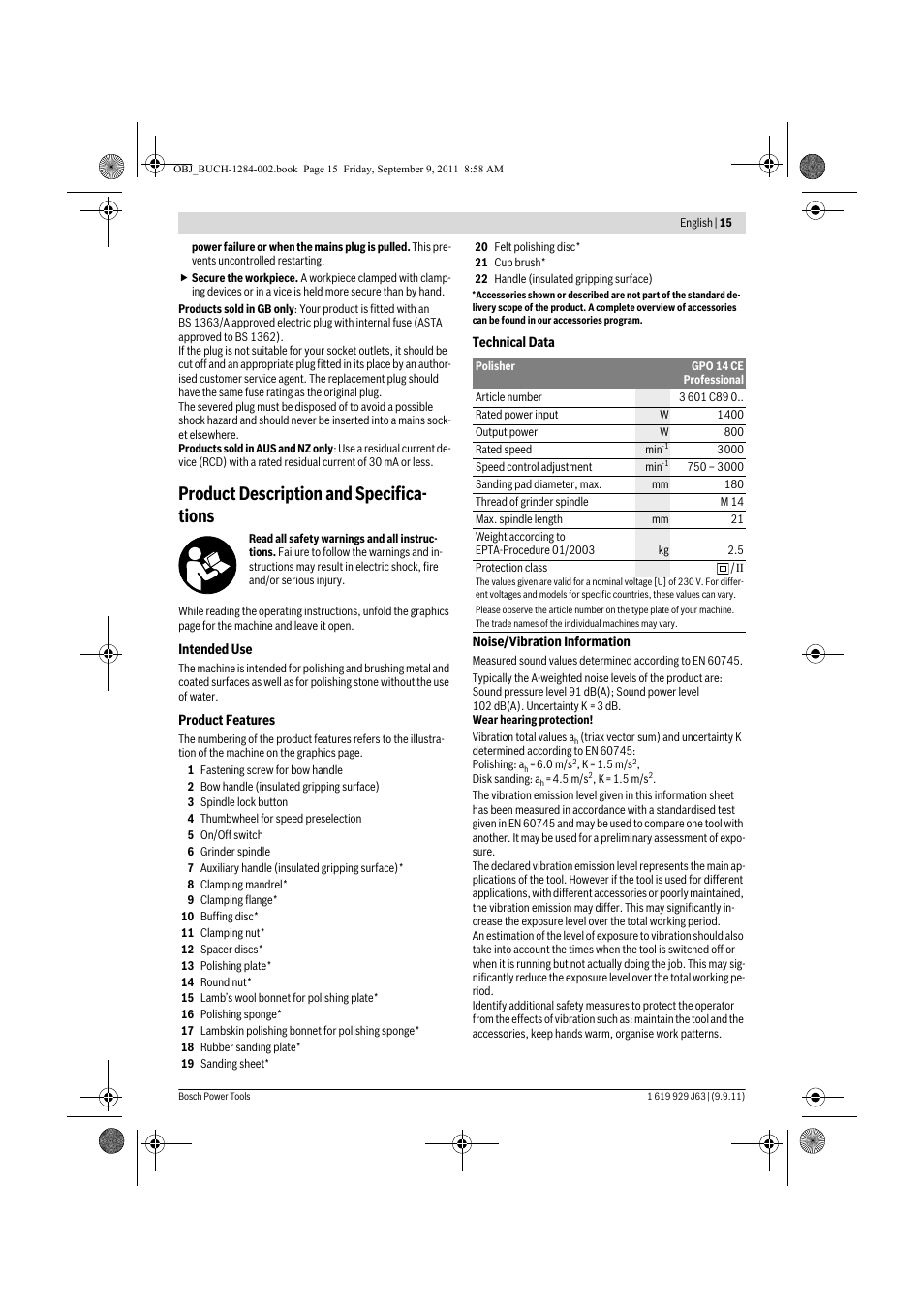 Product description and specifica- tions | Bosch GPO 14 CE Professional User Manual | Page 14 / 186