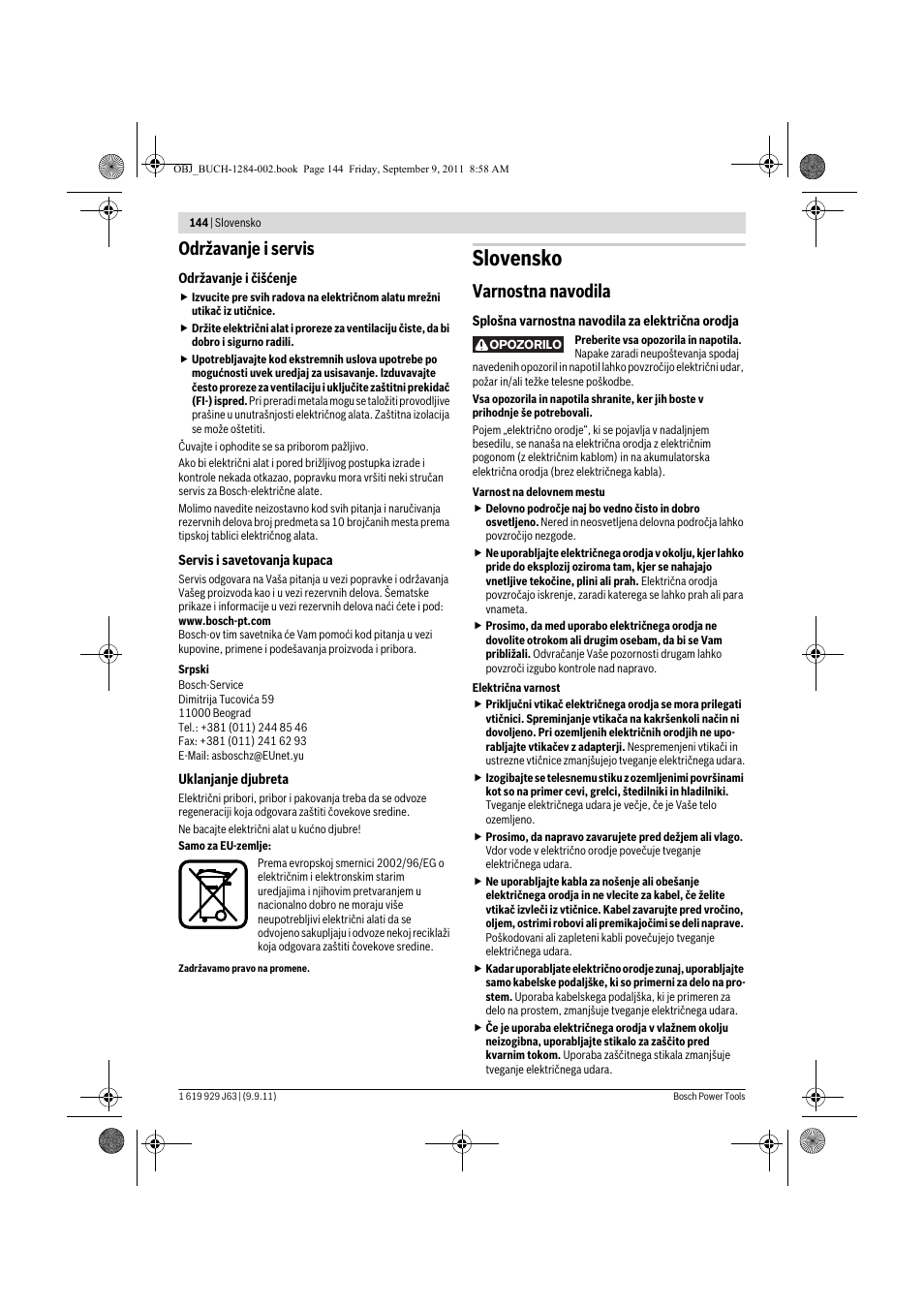 Slovensko, Održavanje i servis, Varnostna navodila | Bosch GPO 14 CE Professional User Manual | Page 143 / 186