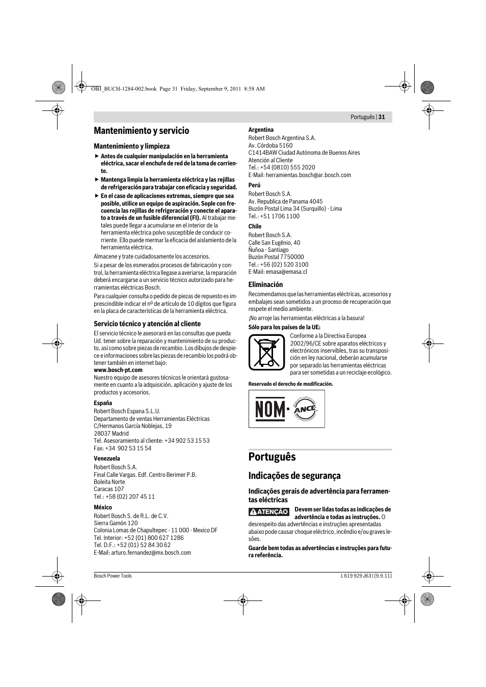 Português, Mantenimiento y servicio, Indicações de segurança | Bosch GPO 14 CE Professional User Manual | Page 30 / 186