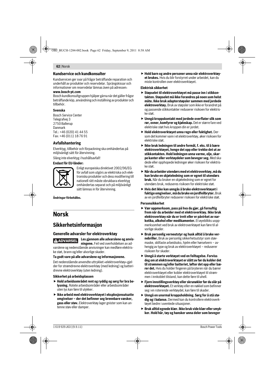 Norsk, Sikkerhetsinformasjon | Bosch GPO 14 CE Professional User Manual | Page 61 / 186