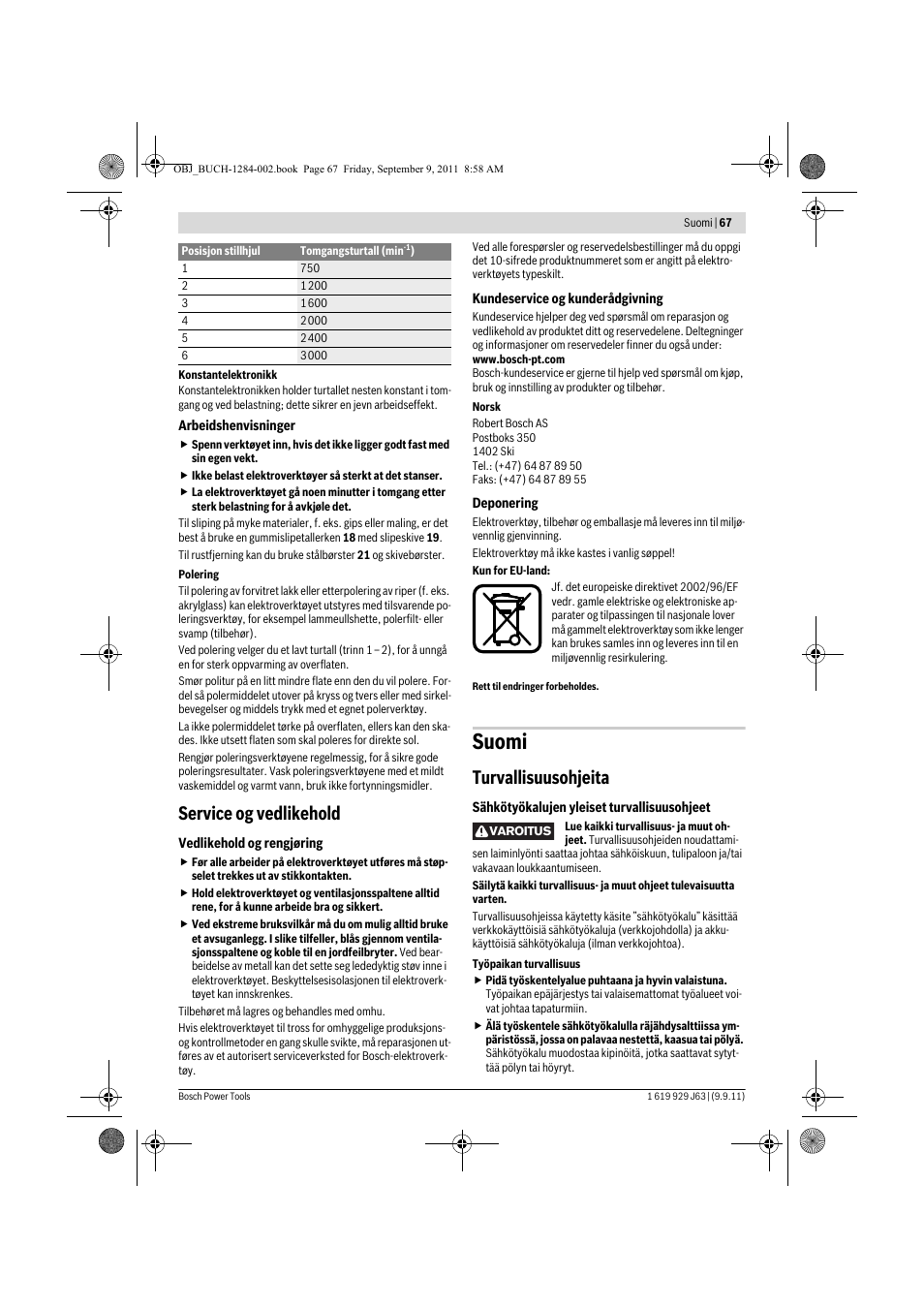 Suomi, Service og vedlikehold, Turvallisuusohjeita | Bosch GPO 14 CE Professional User Manual | Page 66 / 186