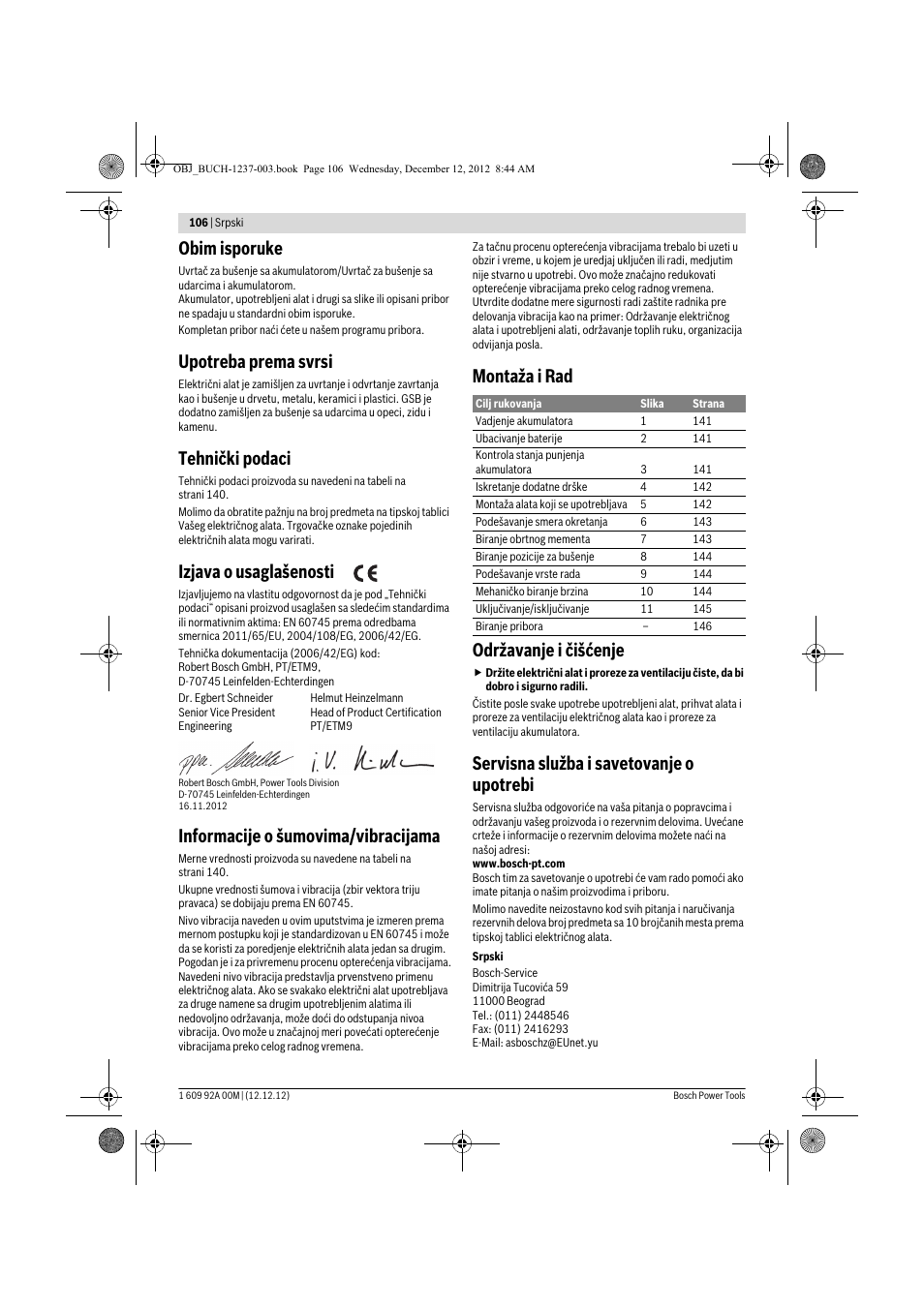 Obim isporuke, Upotreba prema svrsi, Tehnički podaci | Izjava o usaglašenosti, Informacije o šumovima/vibracijama, Montaža i rad održavanje i čišćenje, Servisna služba i savetovanje o upotrebi | Bosch GSR 14,4 VE-2-LI Professional User Manual | Page 106 / 146