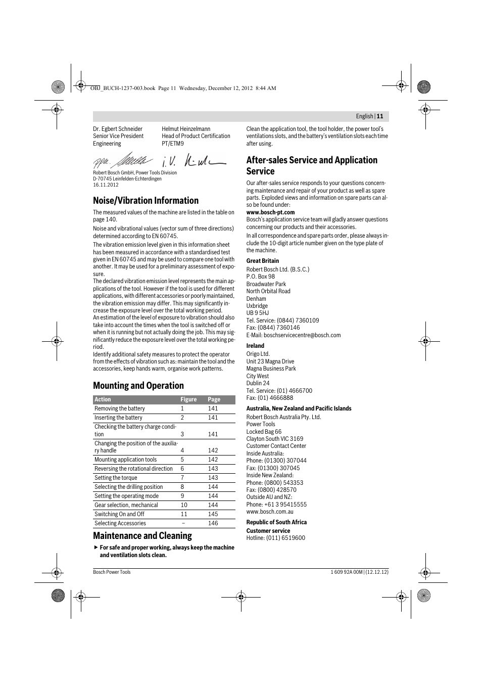 Noise/vibration information, Mounting and operation maintenance and cleaning, After-sales service and application service | Bosch GSR 14,4 VE-2-LI Professional User Manual | Page 11 / 146