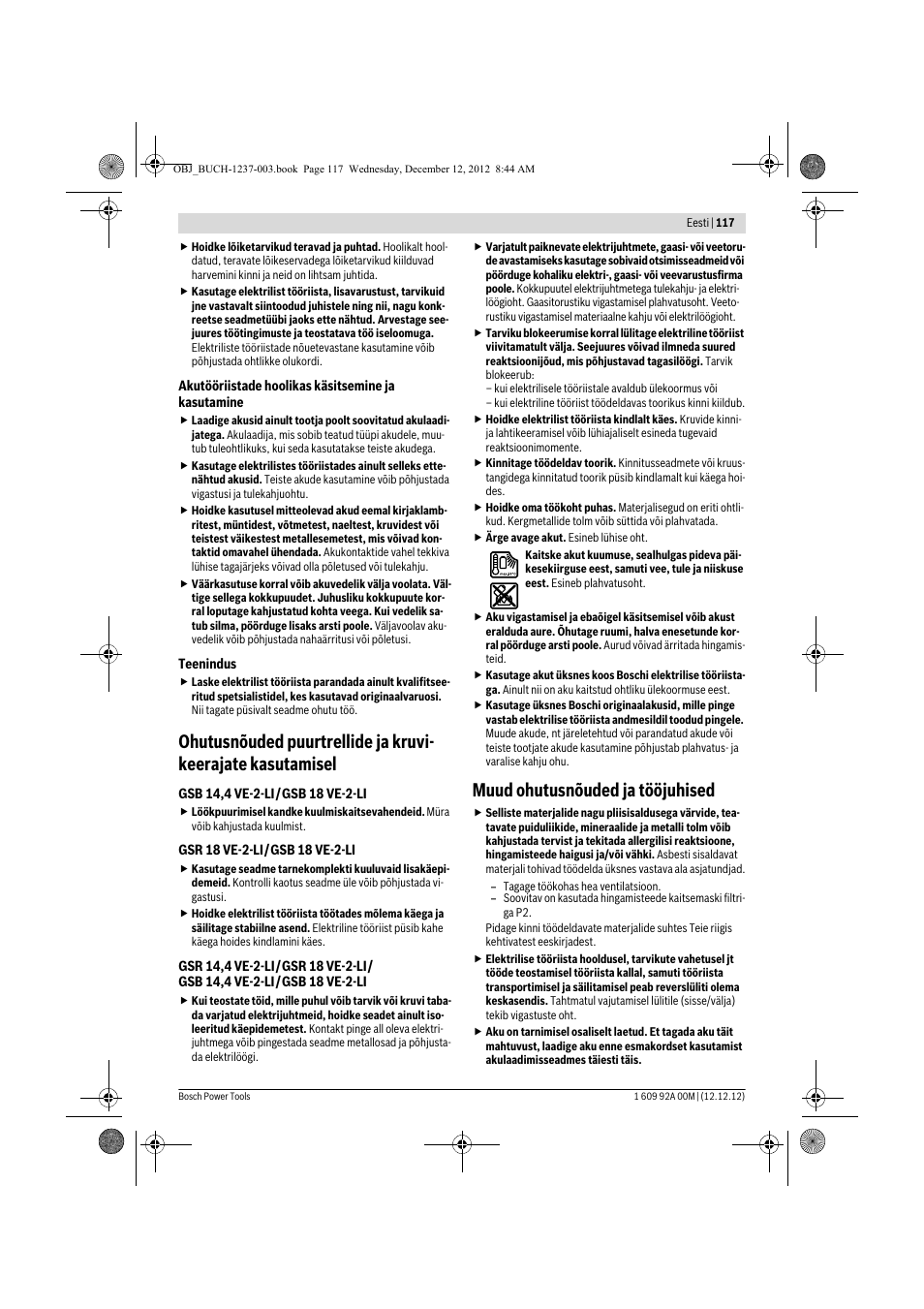 Muud ohutusnõuded ja tööjuhised | Bosch GSR 14,4 VE-2-LI Professional User Manual | Page 117 / 146