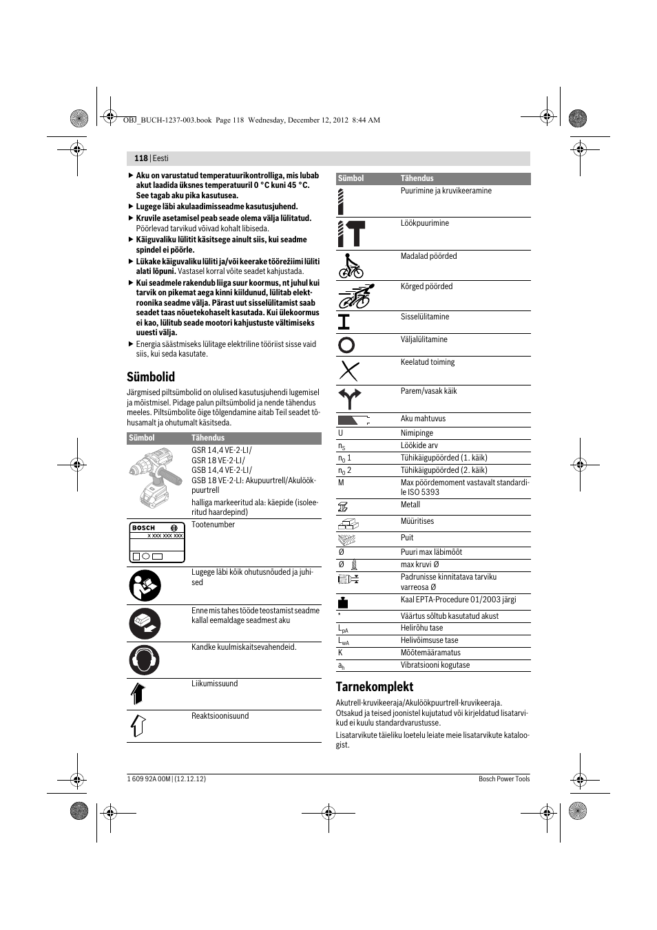 Sümbolid, Tarnekomplekt | Bosch GSR 14,4 VE-2-LI Professional User Manual | Page 118 / 146