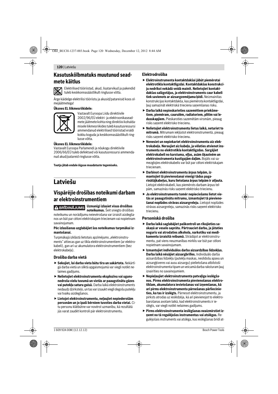 Latviešu, Kasutuskõlbmatuks muutunud sead- mete käitlus | Bosch GSR 14,4 VE-2-LI Professional User Manual | Page 120 / 146