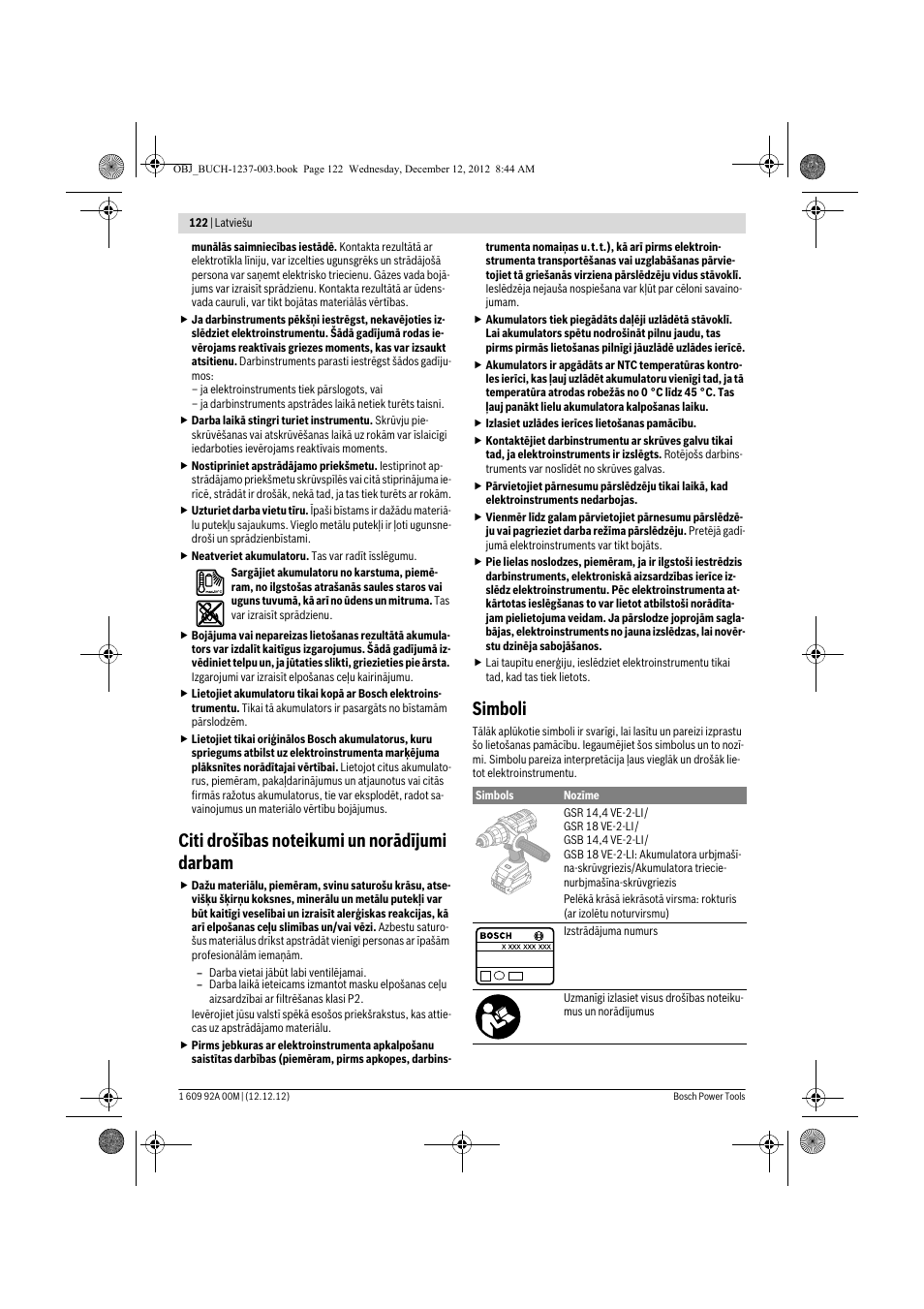 Simboli | Bosch GSR 14,4 VE-2-LI Professional User Manual | Page 122 / 146