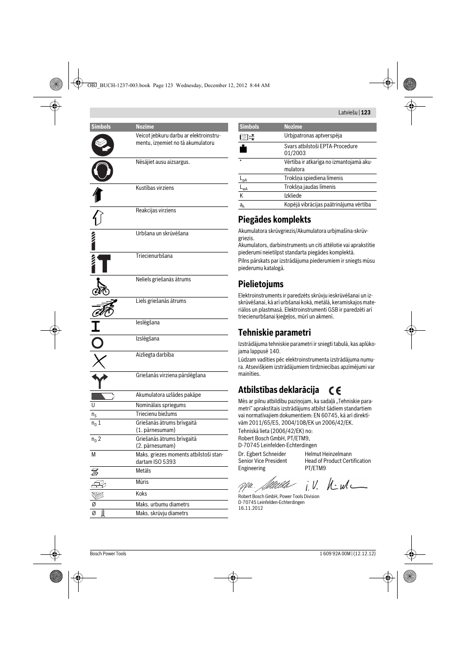 Piegādes komplekts, Pielietojums, Tehniskie parametri | Atbilstības deklarācija | Bosch GSR 14,4 VE-2-LI Professional User Manual | Page 123 / 146