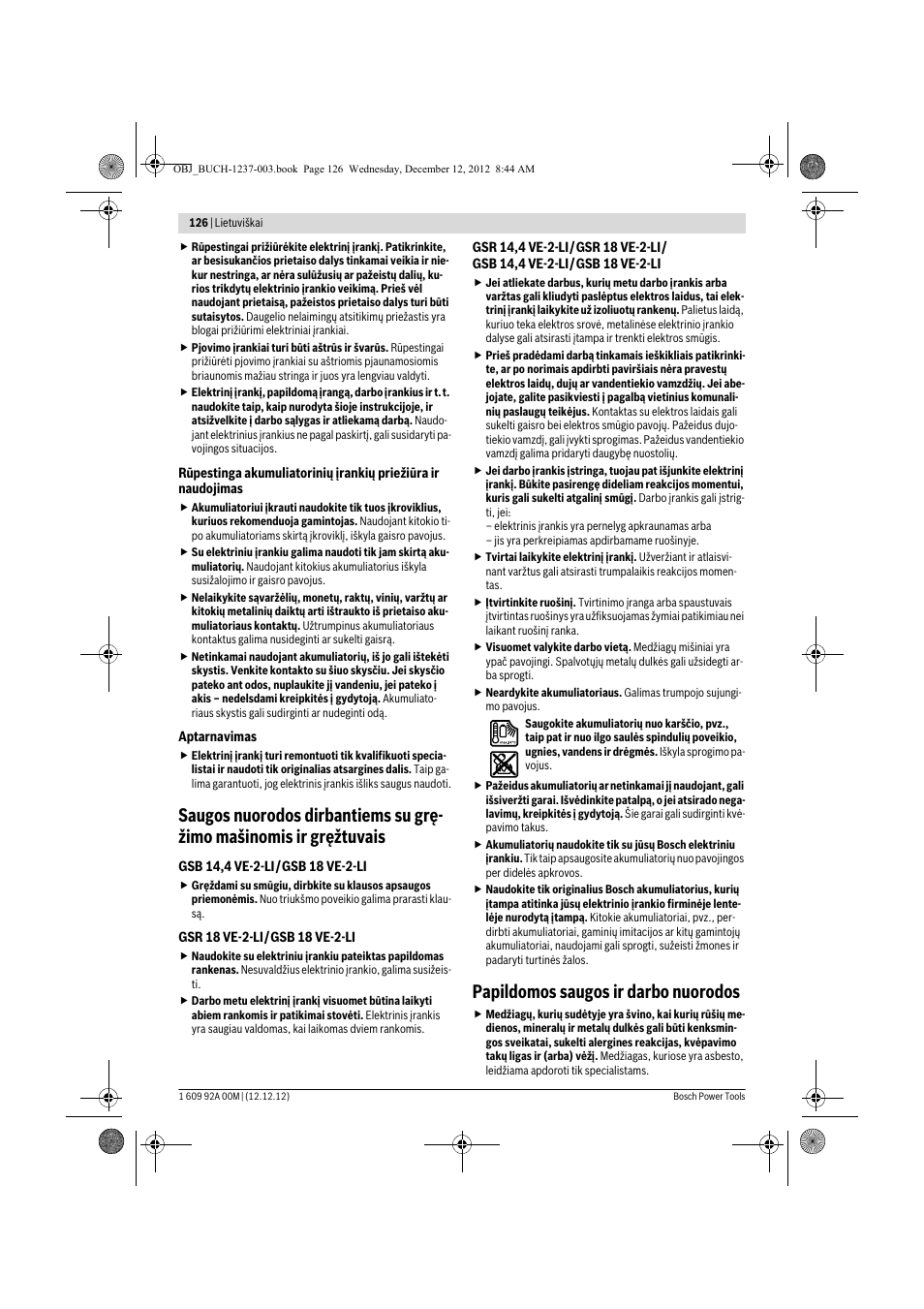 Papildomos saugos ir darbo nuorodos | Bosch GSR 14,4 VE-2-LI Professional User Manual | Page 126 / 146