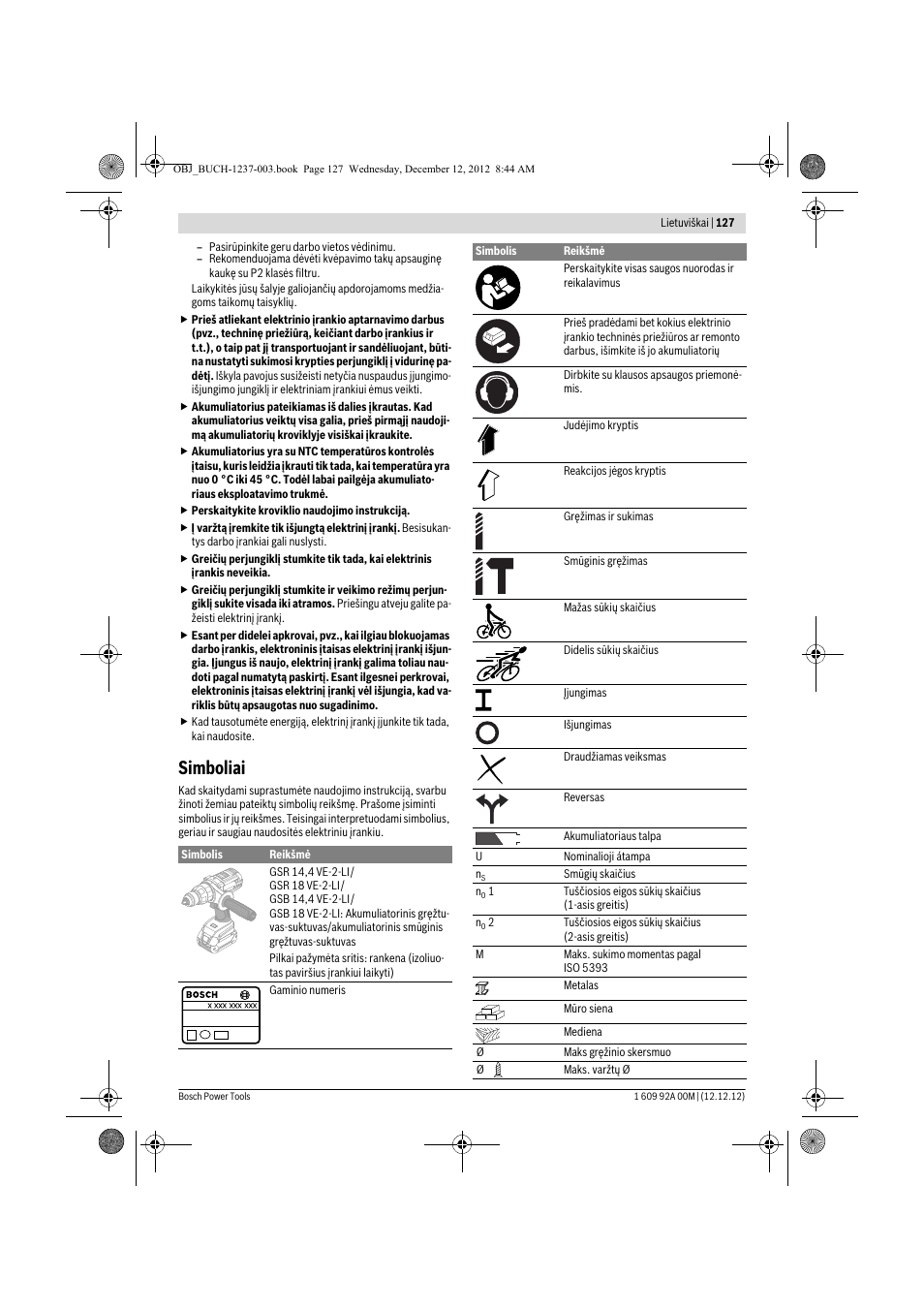 Simboliai | Bosch GSR 14,4 VE-2-LI Professional User Manual | Page 127 / 146