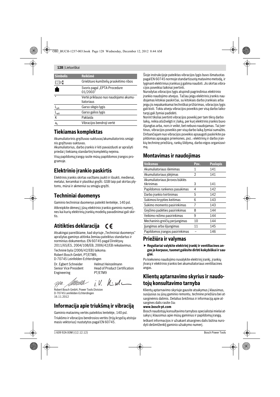 Tiekiamas komplektas, Elektrinio įrankio paskirtis, Techniniai duomenys | Atitikties deklaracija, Informacija apie triukšmą ir vibraciją, Montavimas ir naudojimas priežiūra ir valymas | Bosch GSR 14,4 VE-2-LI Professional User Manual | Page 128 / 146