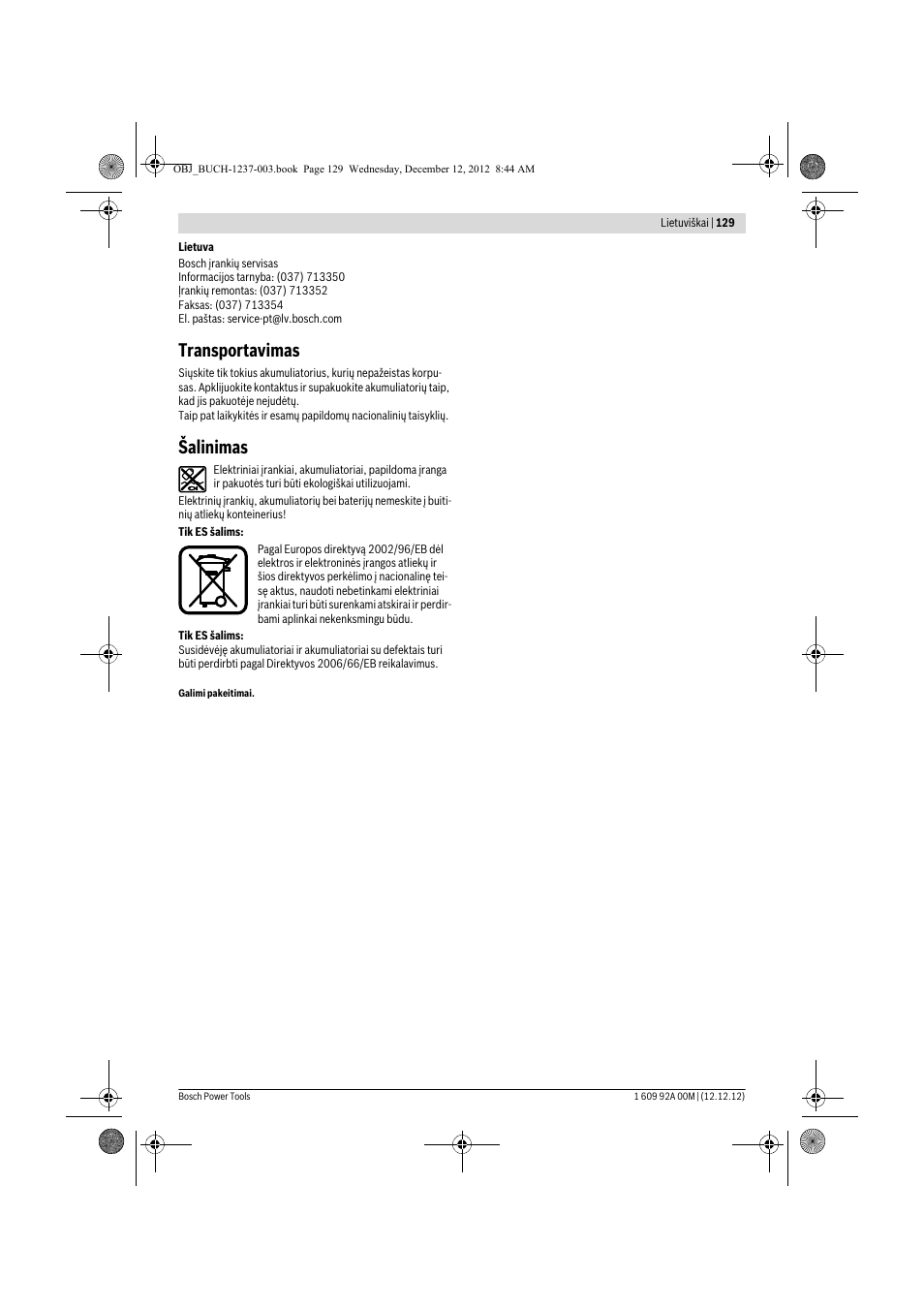 Transportavimas, Šalinimas | Bosch GSR 14,4 VE-2-LI Professional User Manual | Page 129 / 146