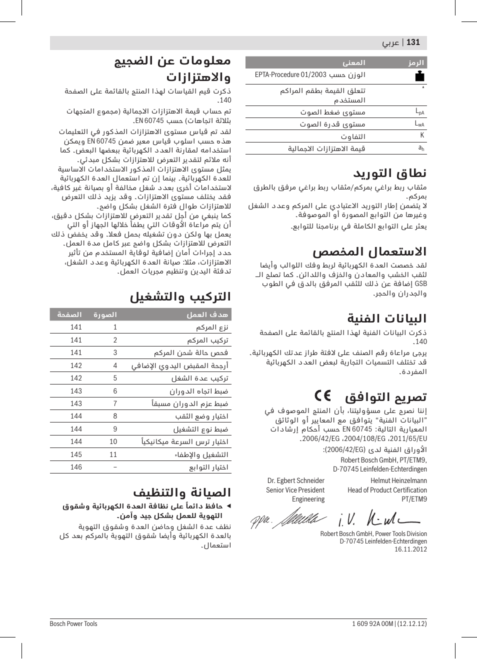 ديروتلا قاطن, صصخملا لامعتسلاا, ةينفلا تانايبلا | قفاوتلا حيرصت, جيجضلا نع تامولعم تازازتهلااو, ليغشتلاو بيكرتلا, فيظنتلاو ةنايصلا | Bosch GSR 14,4 VE-2-LI Professional User Manual | Page 131 / 146