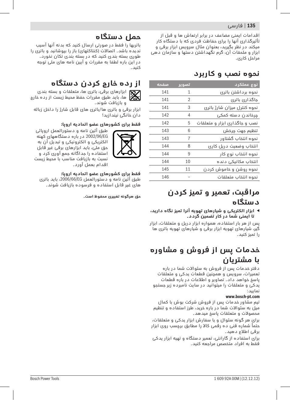 دربراک و بصن هوحن, ندرک زیمت و ریمعت ،تبقارم هاگتسد, هرواشم و شورف زا سپ تامدخ نایرتشم اب | هاگتسد لمح, هاگتسد ندرک جراخ هدر زا | Bosch GSR 14,4 VE-2-LI Professional User Manual | Page 135 / 146
