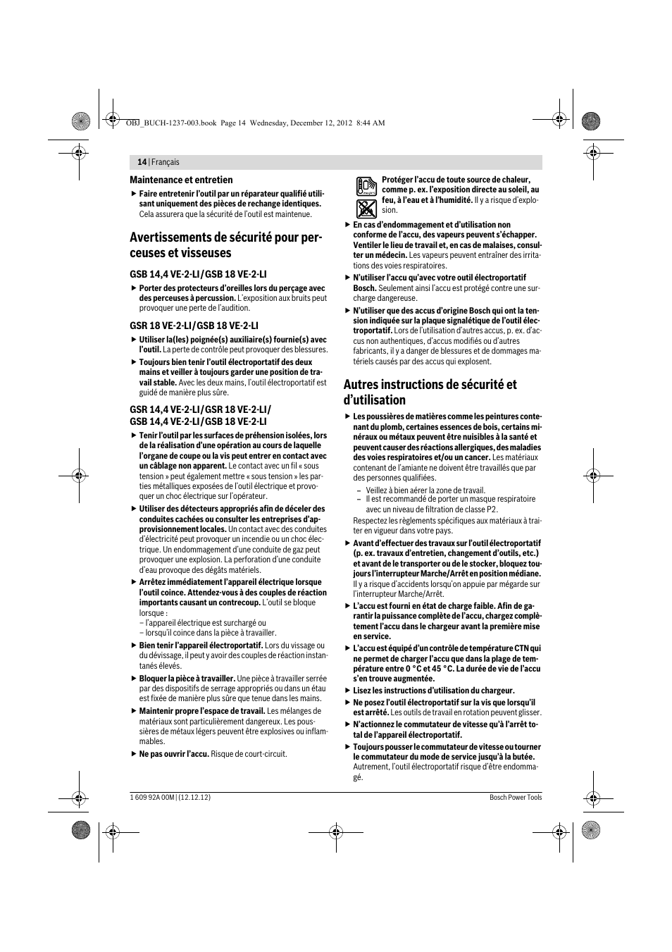 Autres instructions de sécurité et d’utilisation | Bosch GSR 14,4 VE-2-LI Professional User Manual | Page 14 / 146