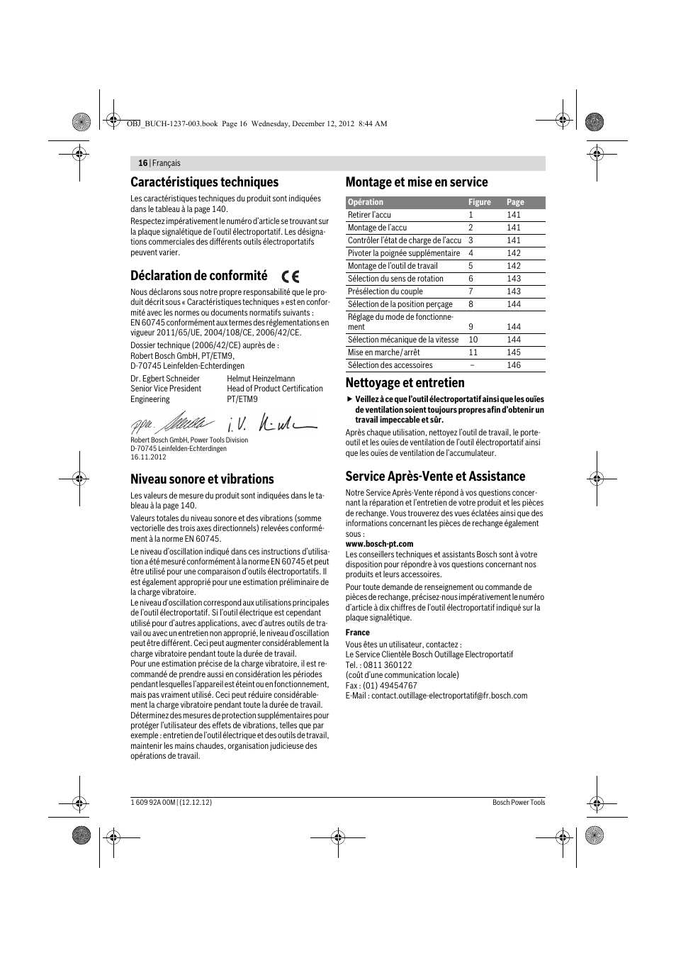 Caractéristiques techniques, Déclaration de conformité, Niveau sonore et vibrations | Montage et mise en service nettoyage et entretien, Service après-vente et assistance | Bosch GSR 14,4 VE-2-LI Professional User Manual | Page 16 / 146