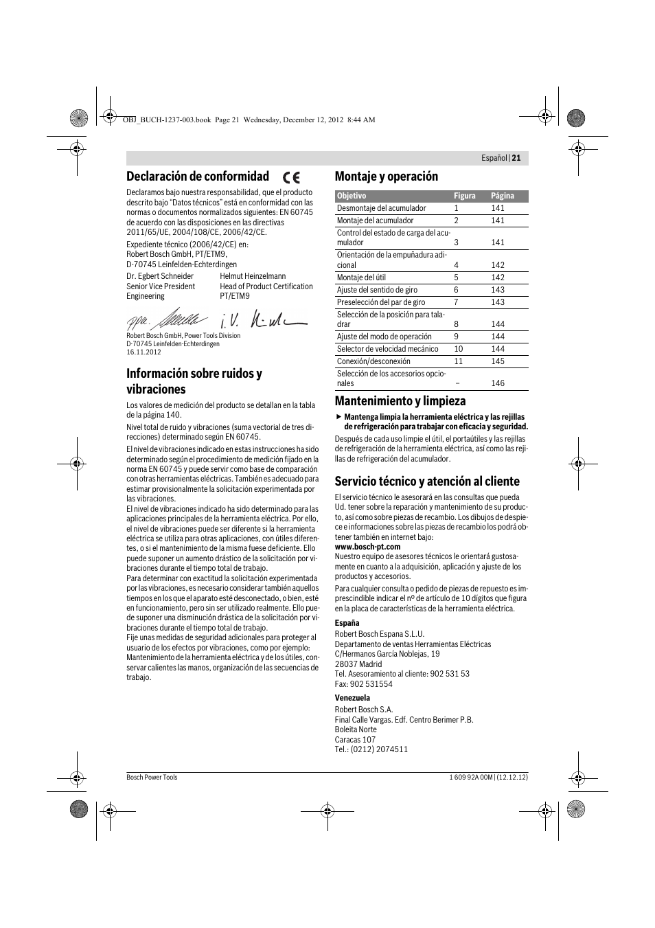 Declaración de conformidad, Información sobre ruidos y vibraciones, Montaje y operación mantenimiento y limpieza | Servicio técnico y atención al cliente | Bosch GSR 14,4 VE-2-LI Professional User Manual | Page 21 / 146