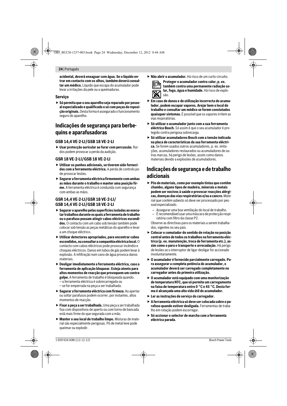 Indicações de segurança e de trabalho adicionais | Bosch GSR 14,4 VE-2-LI Professional User Manual | Page 24 / 146