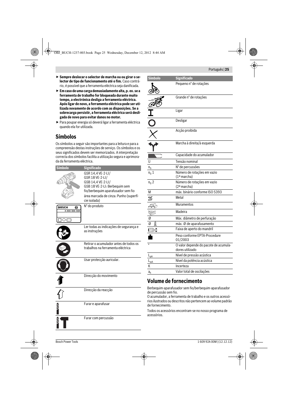 Símbolos, Volume de fornecimento | Bosch GSR 14,4 VE-2-LI Professional User Manual | Page 25 / 146