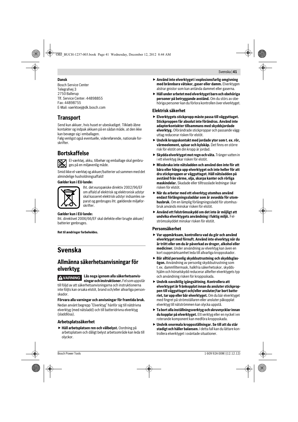 Svenska, Transport, Bortskaffelse | Allmänna säkerhetsanvisningar för elverktyg | Bosch GSR 14,4 VE-2-LI Professional User Manual | Page 41 / 146