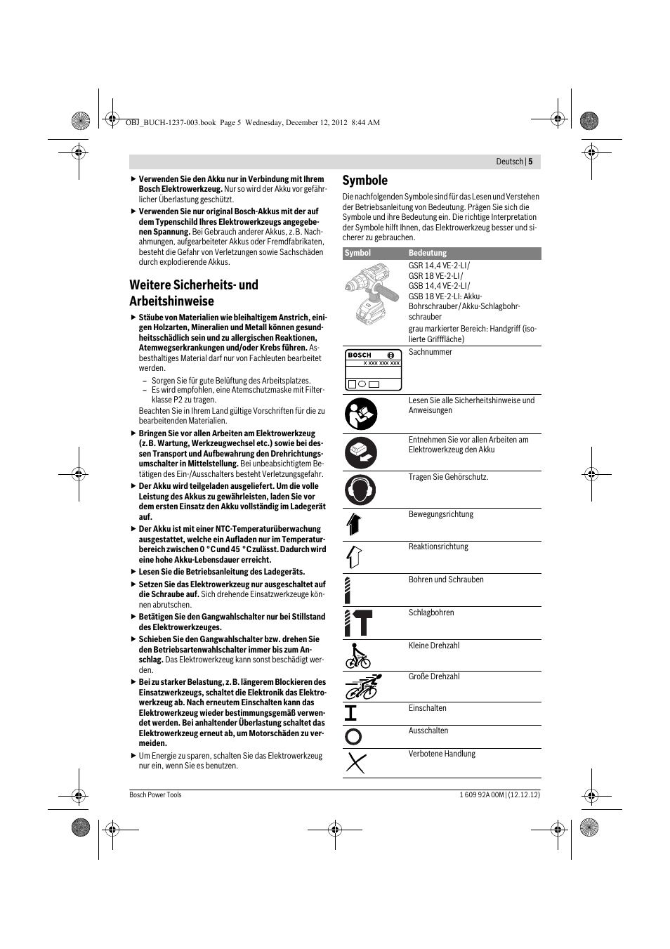 Weitere sicherheits- und arbeitshinweise, Symbole | Bosch GSR 14,4 VE-2-LI Professional User Manual | Page 5 / 146