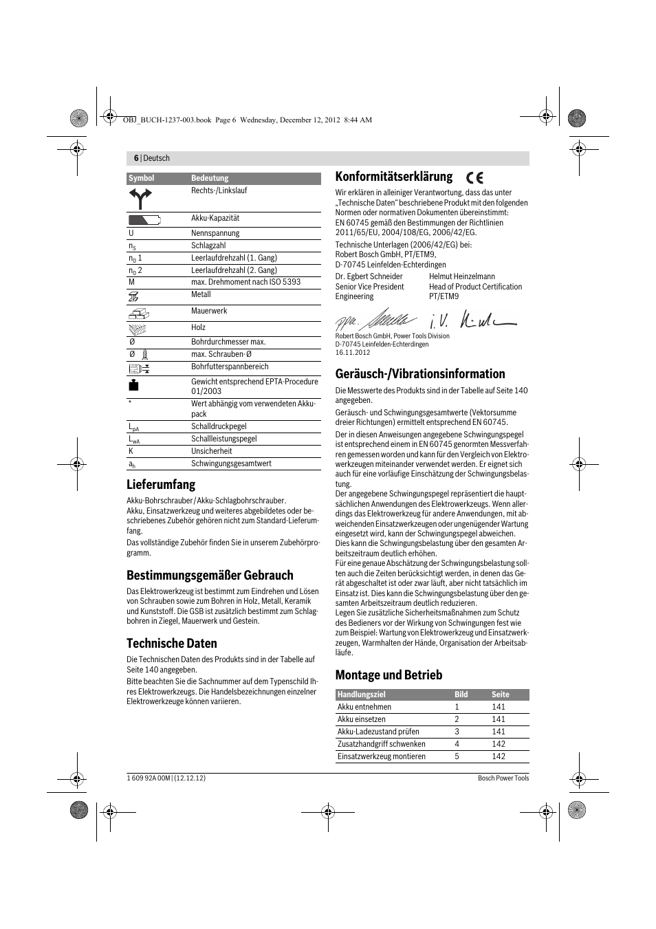 Lieferumfang, Bestimmungsgemäßer gebrauch, Technische daten | Konformitätserklärung, Geräusch-/vibrationsinformation, Montage und betrieb | Bosch GSR 14,4 VE-2-LI Professional User Manual | Page 6 / 146