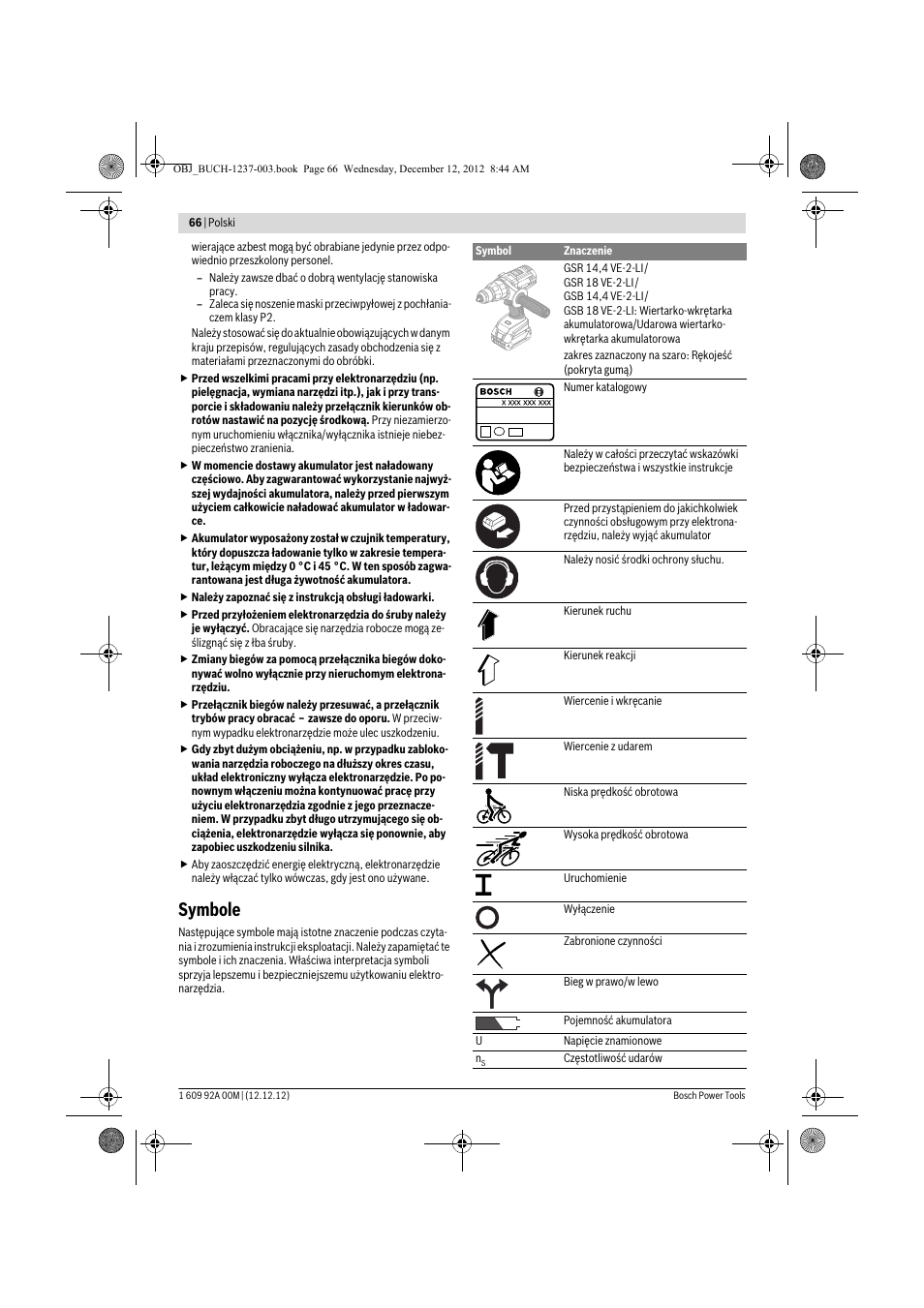 Symbole | Bosch GSR 14,4 VE-2-LI Professional User Manual | Page 66 / 146