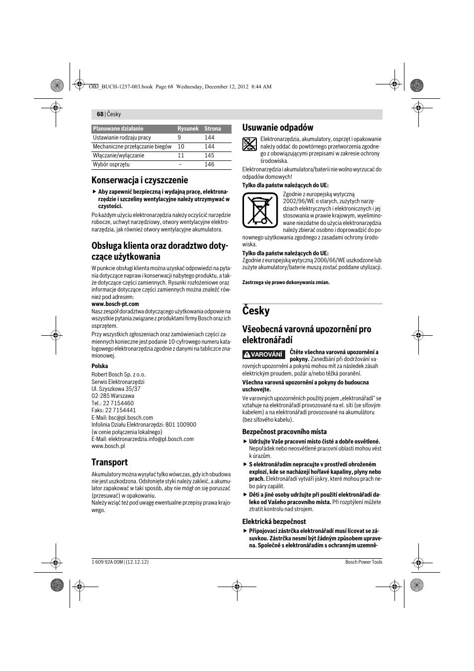 Česky, Konserwacja i czyszczenie, Transport | Usuwanie odpadów, Všeobecná varovná upozornění pro elektronářadí | Bosch GSR 14,4 VE-2-LI Professional User Manual | Page 68 / 146