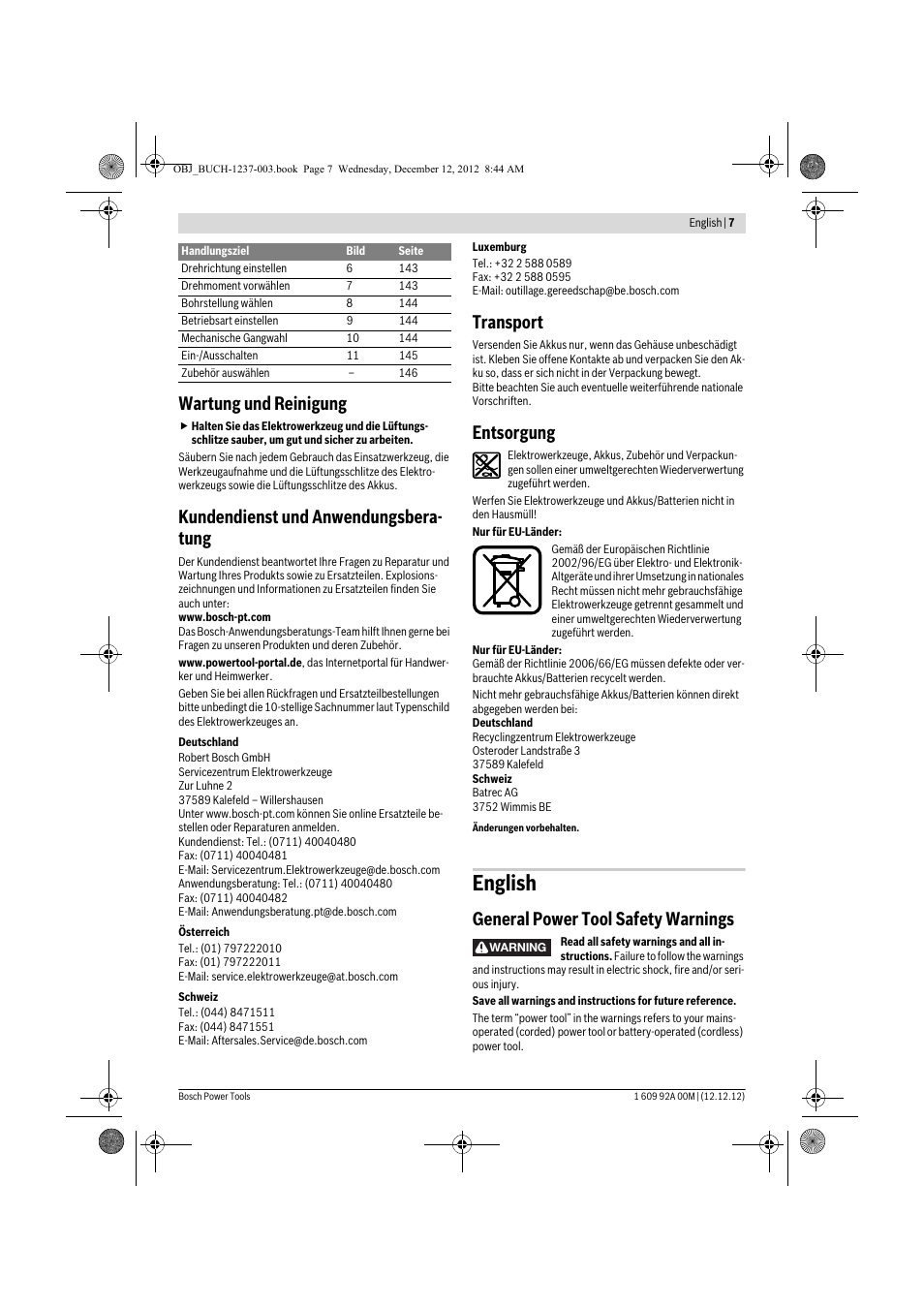 English, Wartung und reinigung, Kundendienst und anwendungsbera- tung | Transport, Entsorgung, General power tool safety warnings | Bosch GSR 14,4 VE-2-LI Professional User Manual | Page 7 / 146